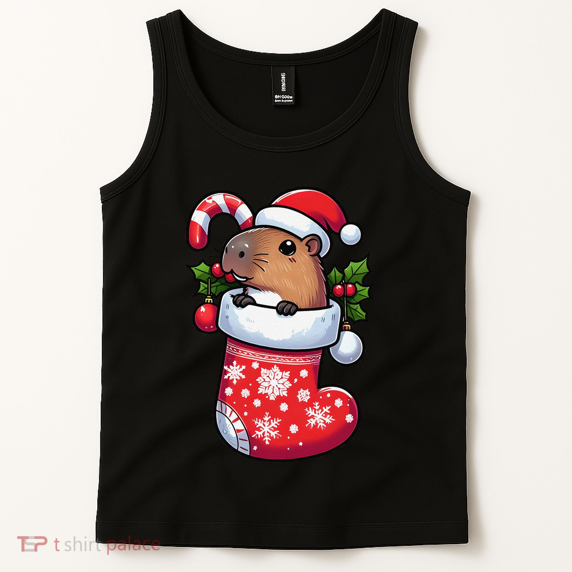 Capybara In Christmas Stocking Candy Cane Santa Hat Pajama Tank Top