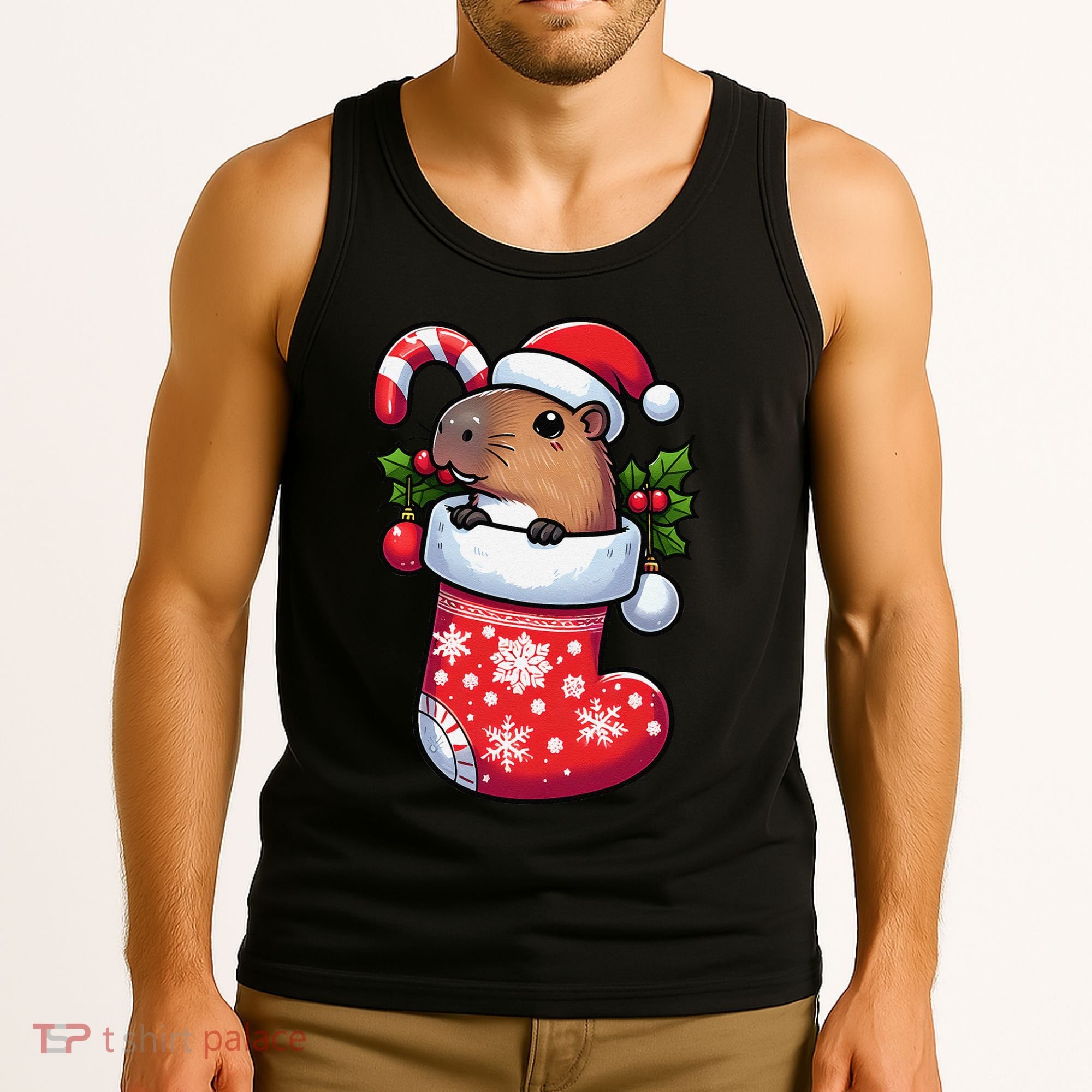 Capybara In Christmas Stocking Candy Cane Santa Hat Pajama Tank Top