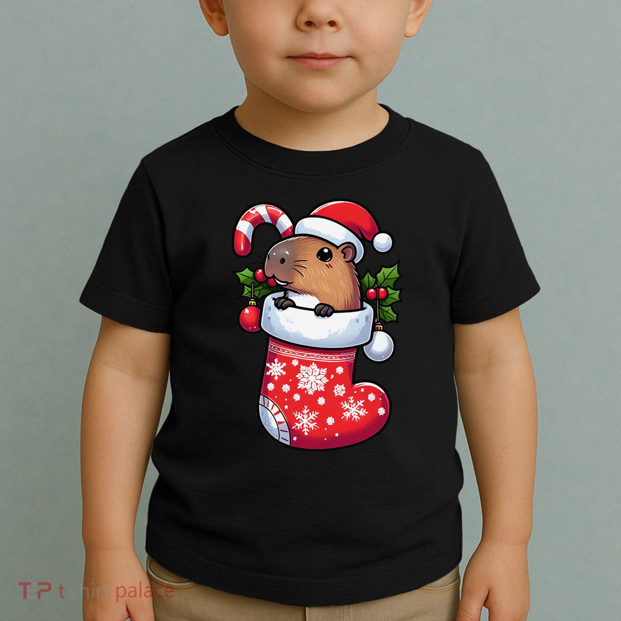 Capybara In Christmas Stocking Candy Cane Santa Hat Pajama Toddler T-Shirt