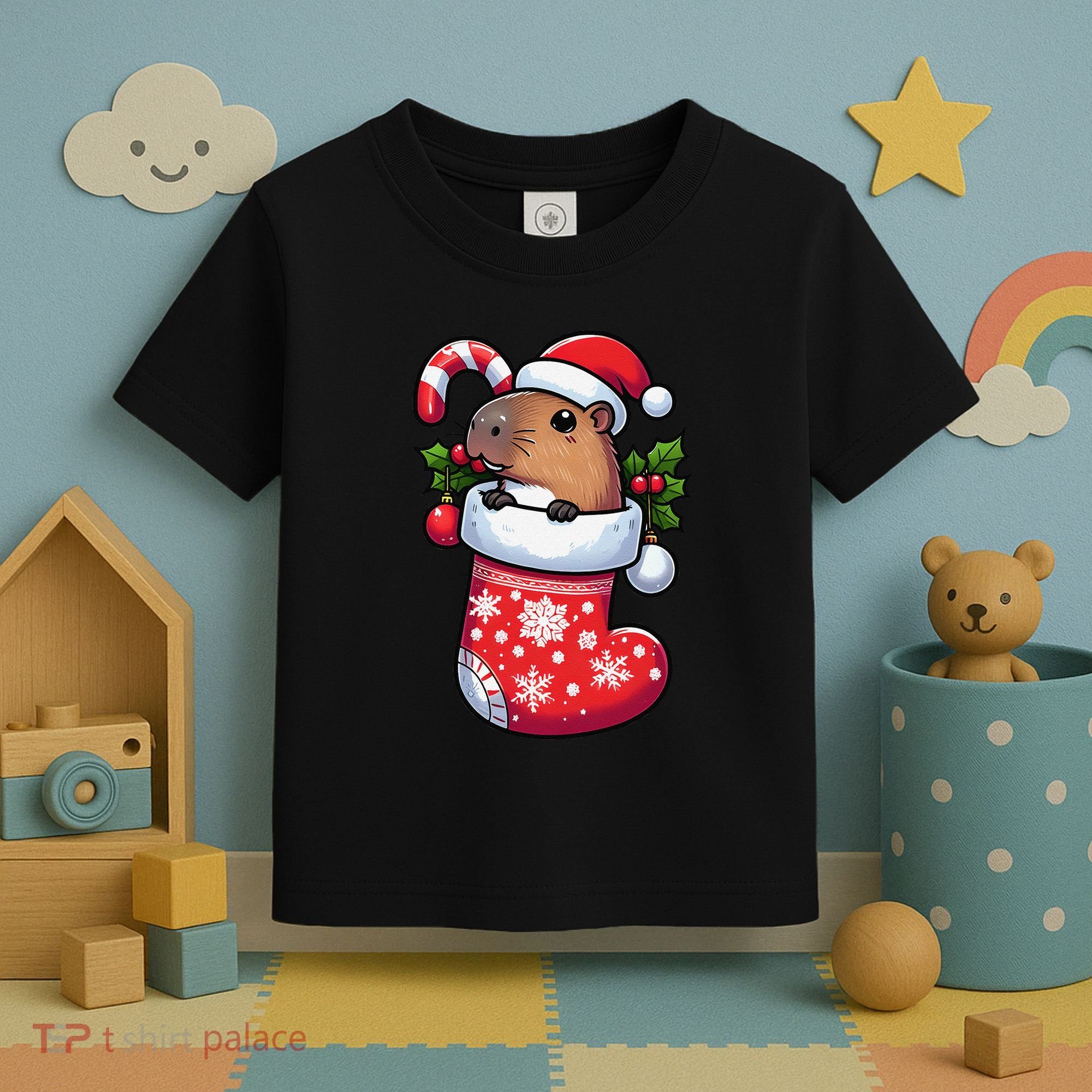Capybara In Christmas Stocking Candy Cane Santa Hat Pajama Toddler T-Shirt