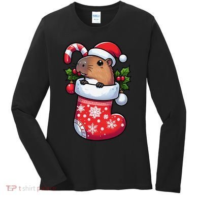 Capybara In Christmas Stocking Candy Cane Santa Hat Pajama Women's Long Sleeve Shirt