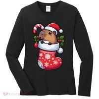 Capybara In Christmas Stocking Candy Cane Santa Hat Pajama Women's Long Sleeve Shirt thumb 0