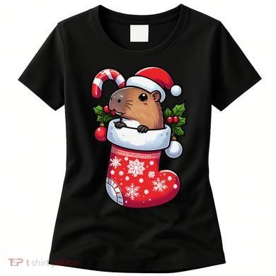 Capybara In Christmas Stocking Candy Cane Santa Hat Pajama Women's T-Shirt