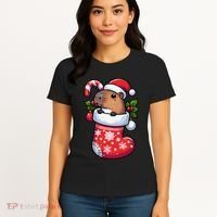 Capybara In Christmas Stocking Candy Cane Santa Hat Pajama Women's T-Shirt thumb 4