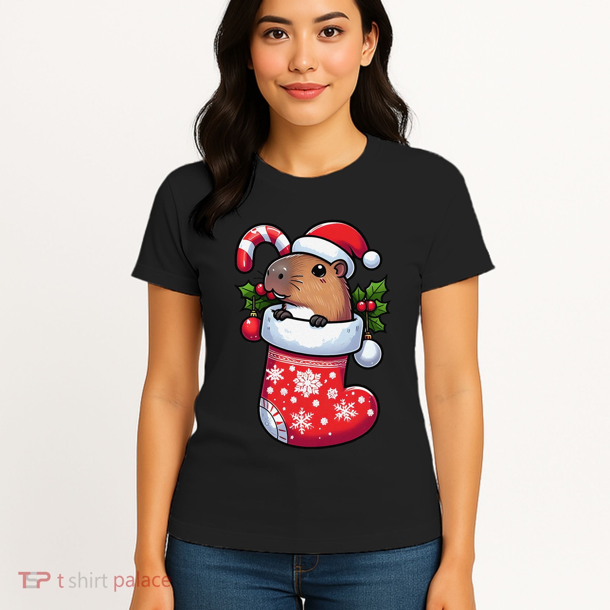 Capybara In Christmas Stocking Candy Cane Santa Hat Pajama Women's T-Shirt