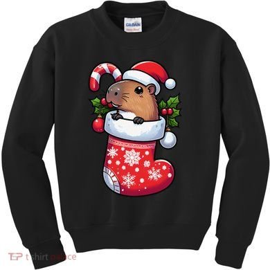 Capybara In Christmas Stocking Candy Cane Santa Hat Pajama Kids Sweatshirt