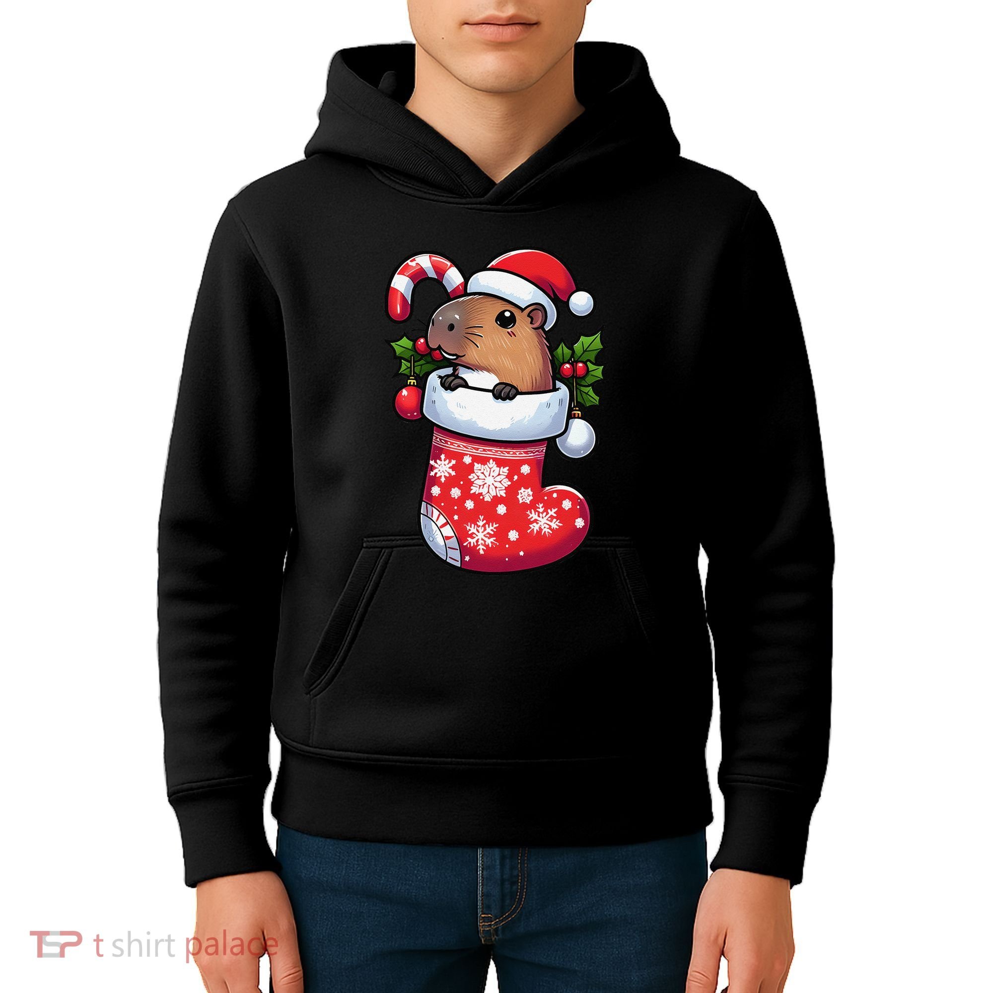 Capybara In Christmas Stocking Candy Cane Santa Hat Pajama Kids Hoodie