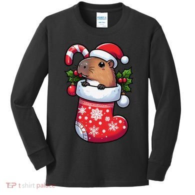 Capybara In Christmas Stocking Candy Cane Santa Hat Pajama Kids Long Sleeve Shirt