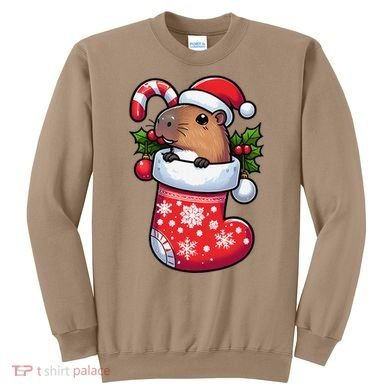Capybara In Christmas Stocking Candy Cane Santa Hat Pajama Sweatshirt