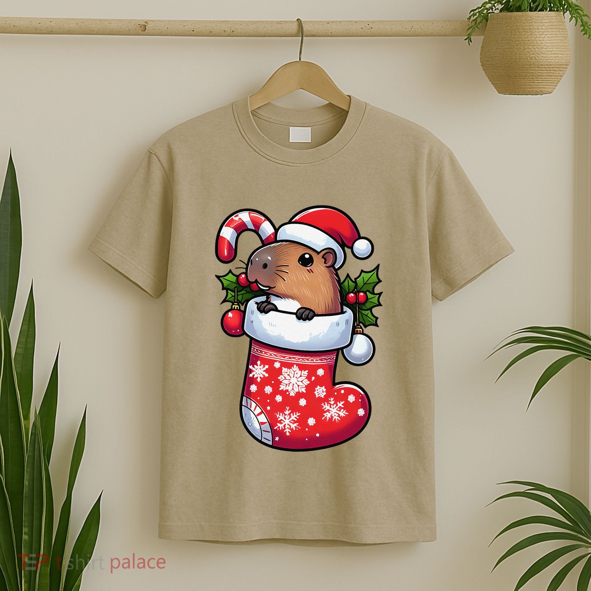 Capybara In Christmas Stocking Candy Cane Santa Hat Pajama T-Shirt
