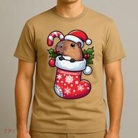 Capybara In Christmas Stocking Candy Cane Santa Hat Pajama T-Shirt thumb 3