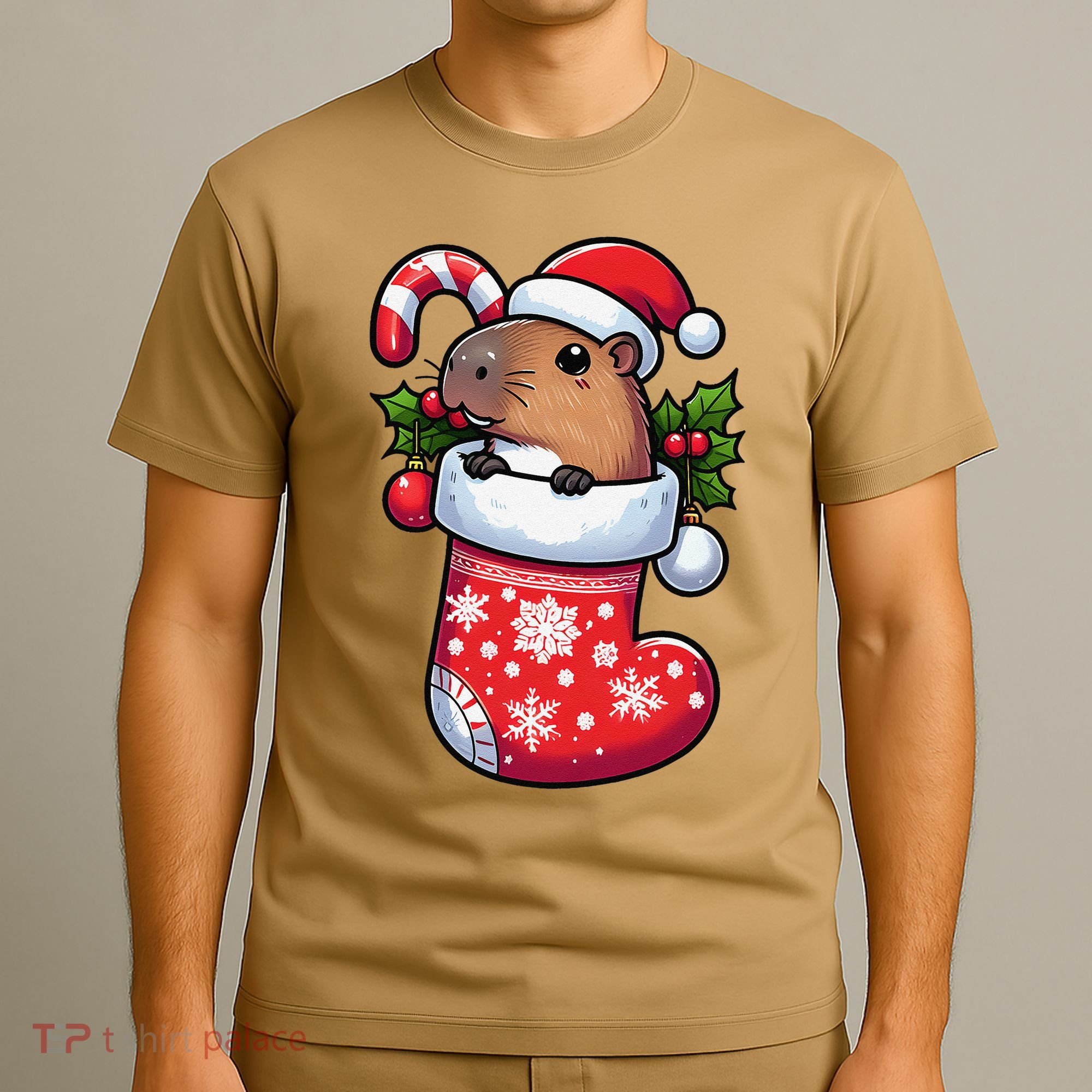 Capybara In Christmas Stocking Candy Cane Santa Hat Pajama T-Shirt