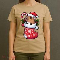 Capybara In Christmas Stocking Candy Cane Santa Hat Pajama T-Shirt thumb 4