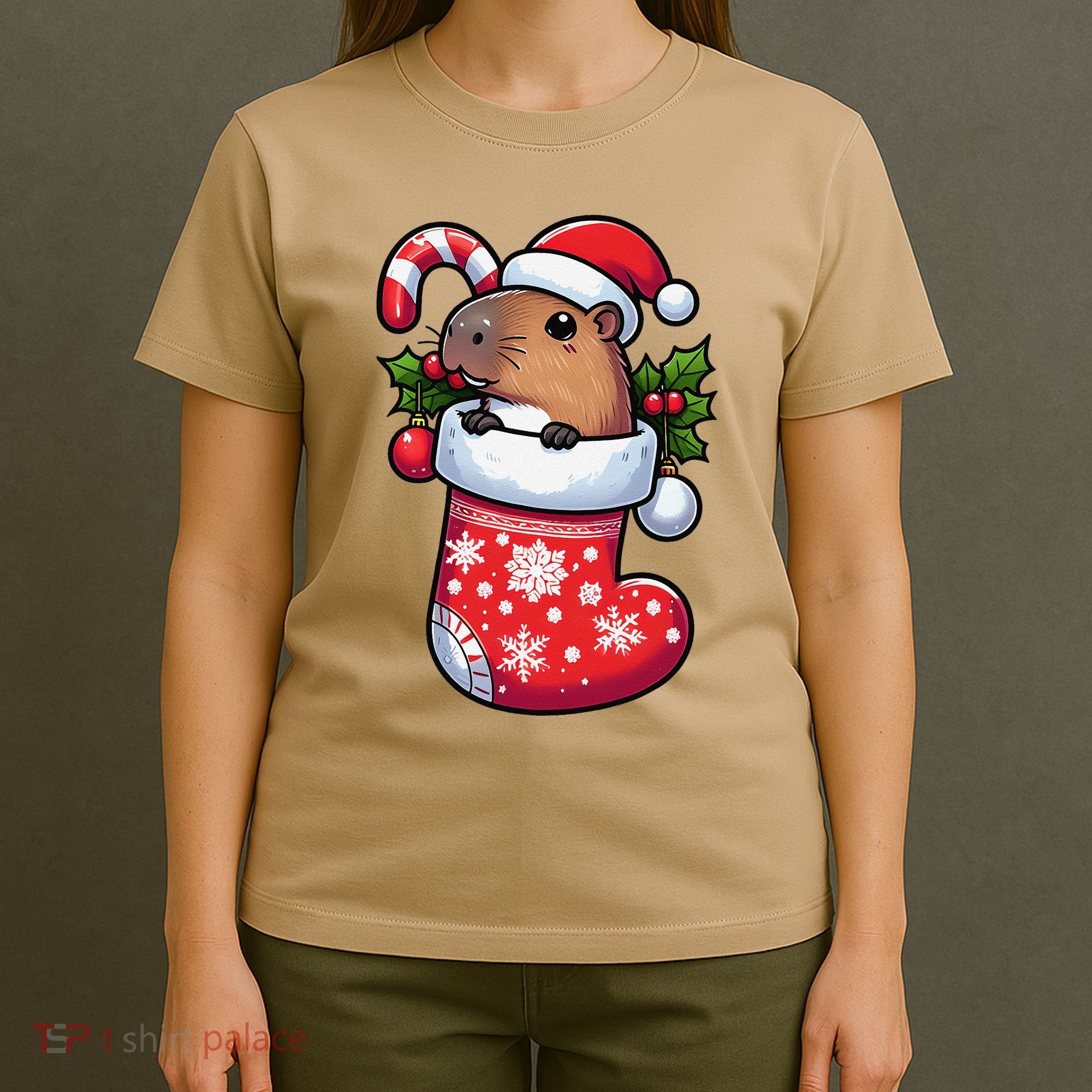 Capybara In Christmas Stocking Candy Cane Santa Hat Pajama T-Shirt