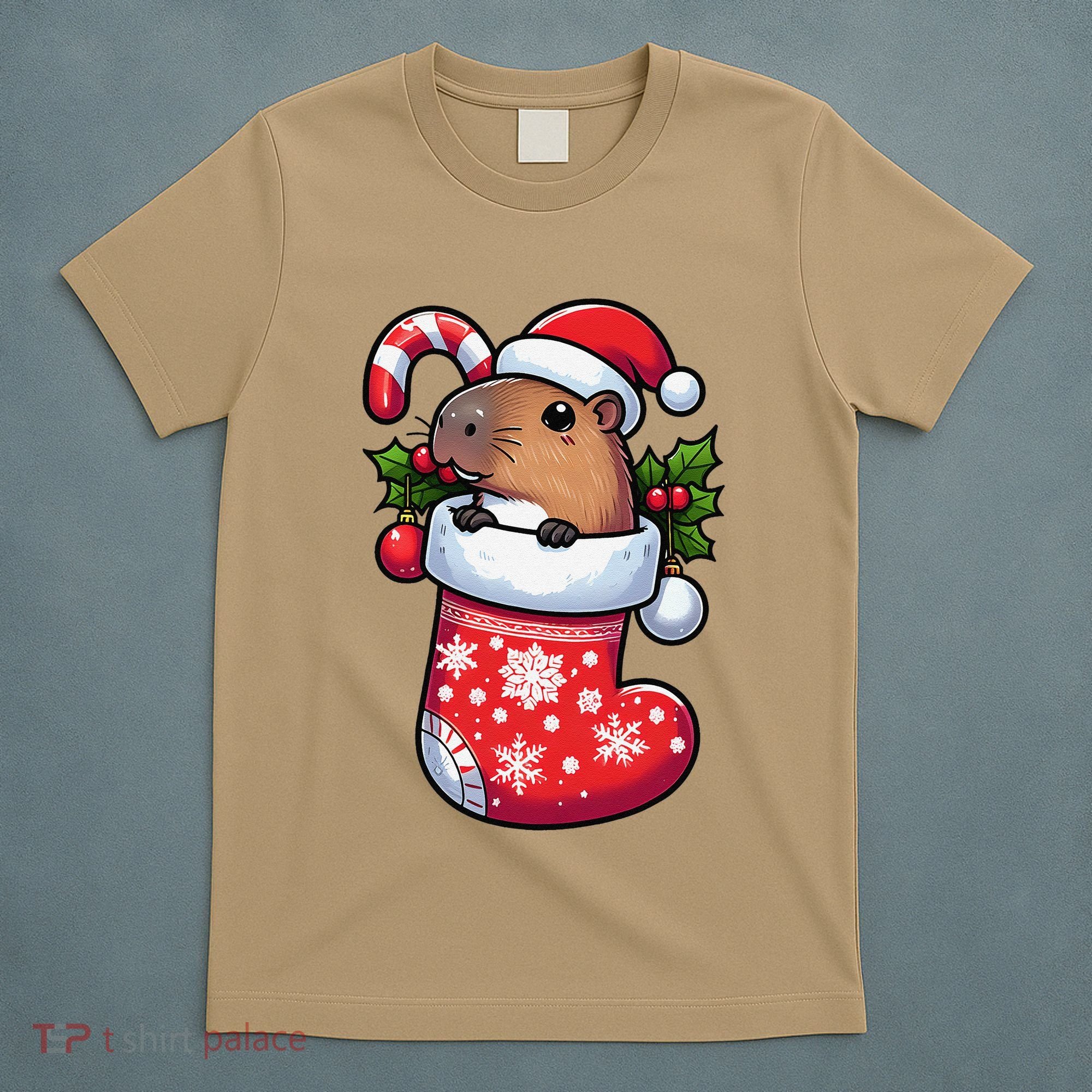 Capybara In Christmas Stocking Candy Cane Santa Hat Pajama T-Shirt