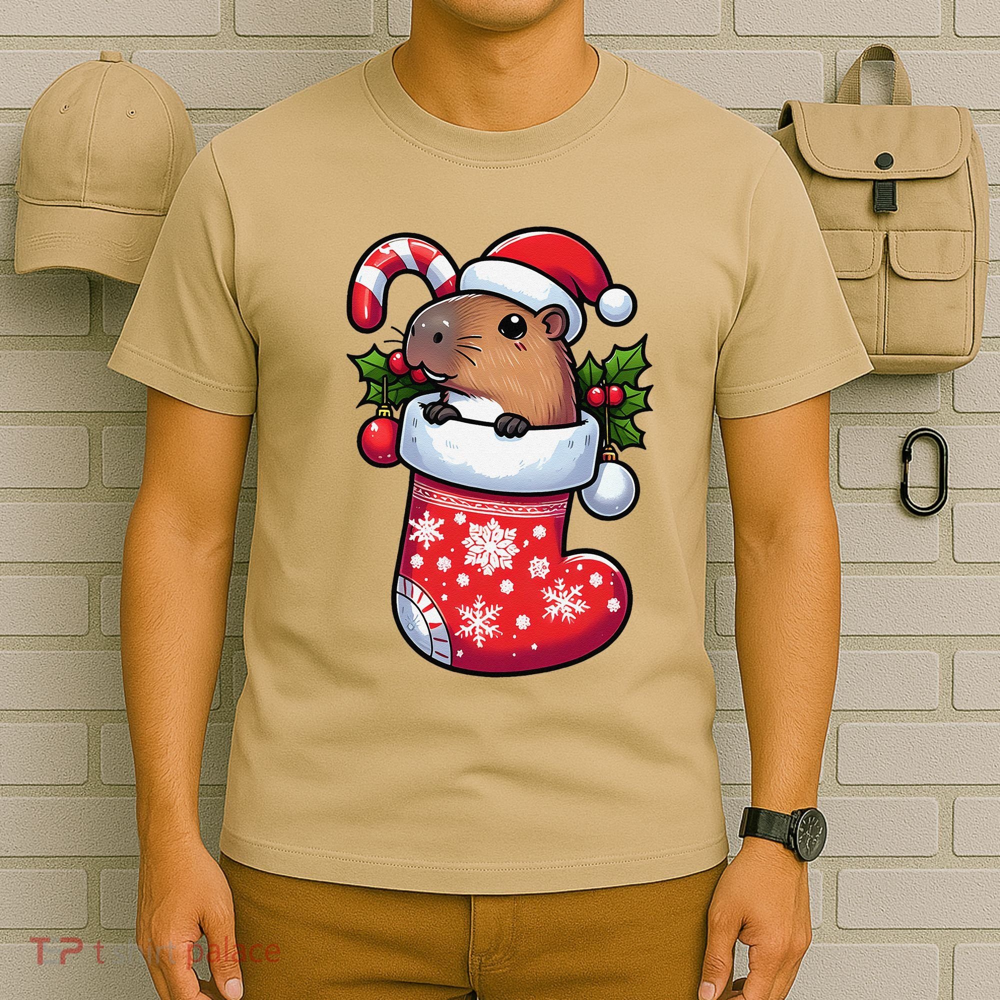 Capybara In Christmas Stocking Candy Cane Santa Hat Pajama T-Shirt