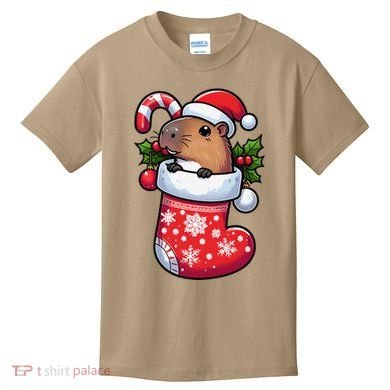 Capybara In Christmas Stocking Candy Cane Santa Hat Pajama Kids T-Shirt