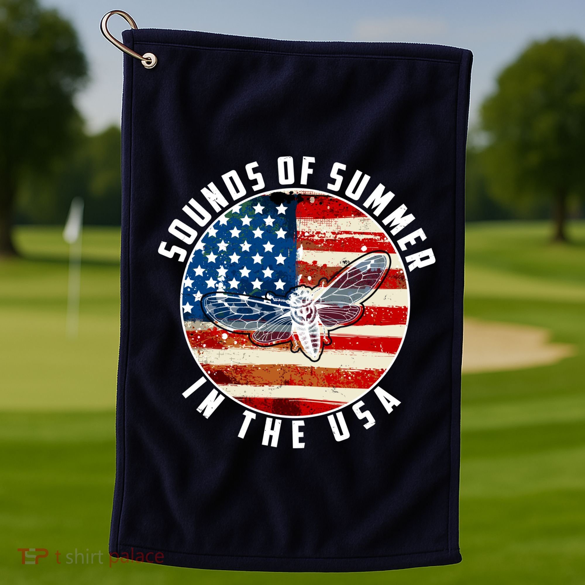 Cicadas Sounds Of Summer In The USA Flag Golf Towel
