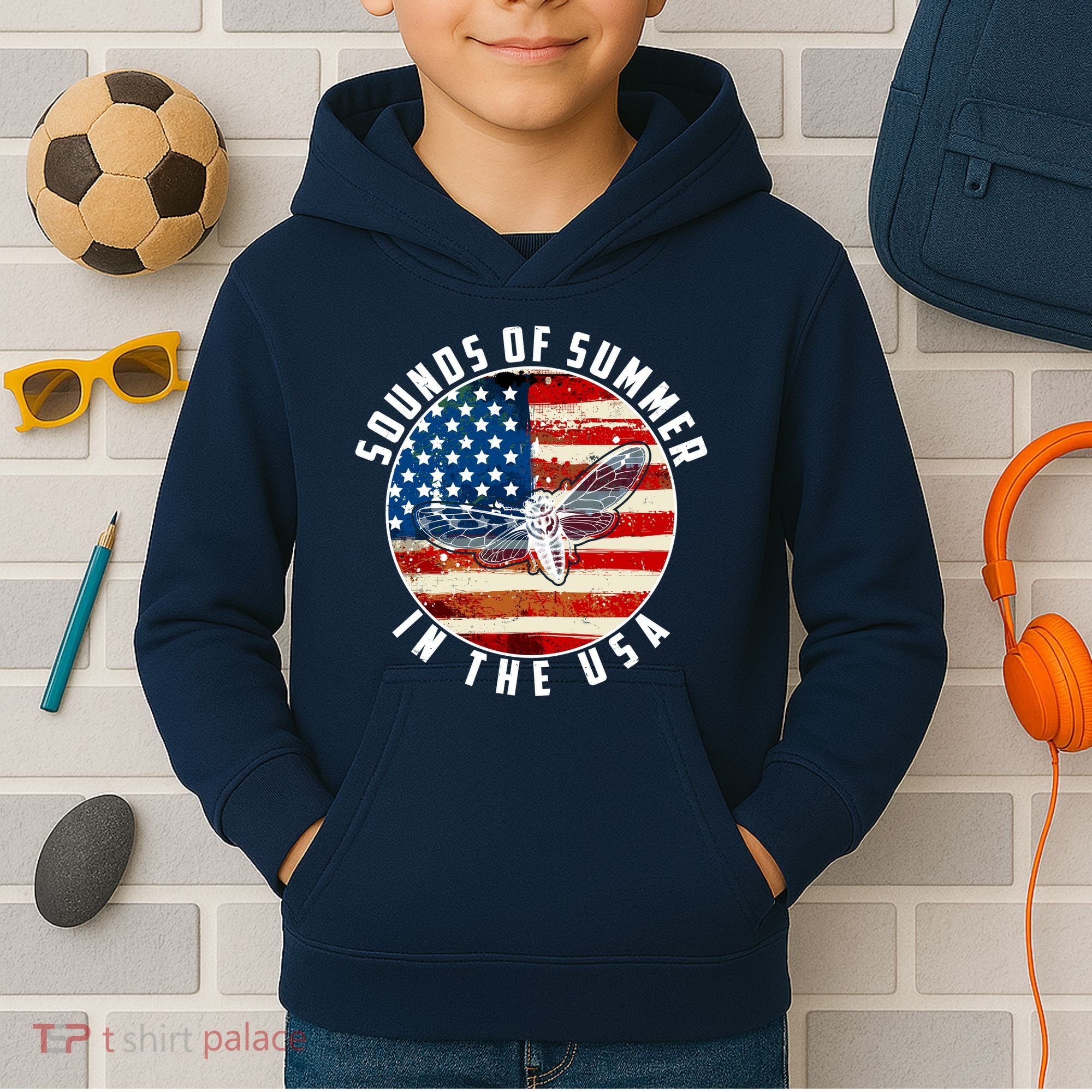 Cicadas Sounds Of Summer In The USA Flag Kids Hoodie