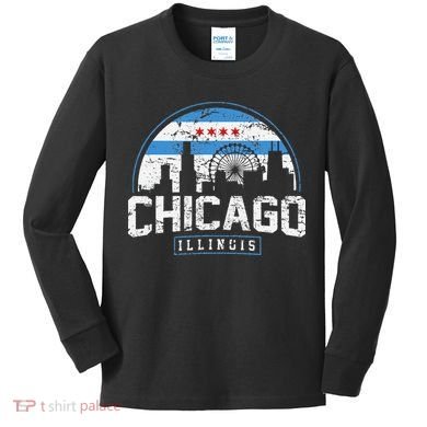 Chicago Illinois Flag Vintage Skyline Kids Long Sleeve Shirt