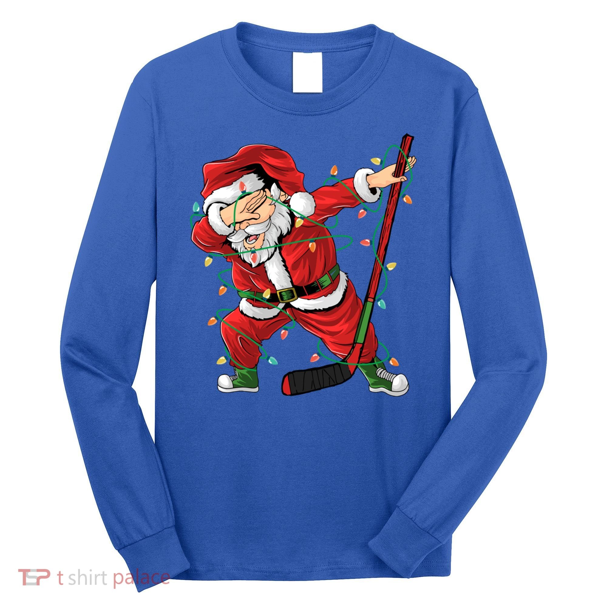 Christmas Ice Hockey Dabbing Santa Lights Xmas Hockey Player Gift Long Sleeve Shirt