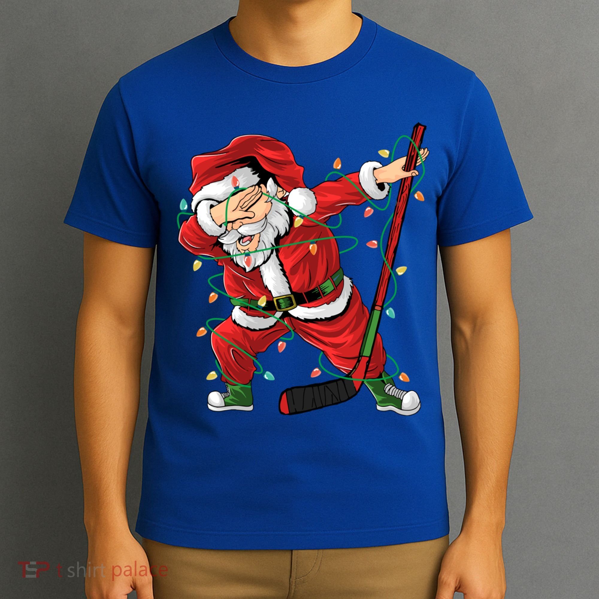 Christmas Ice Hockey Dabbing Santa Lights Xmas Hockey Player Gift T-Shirt