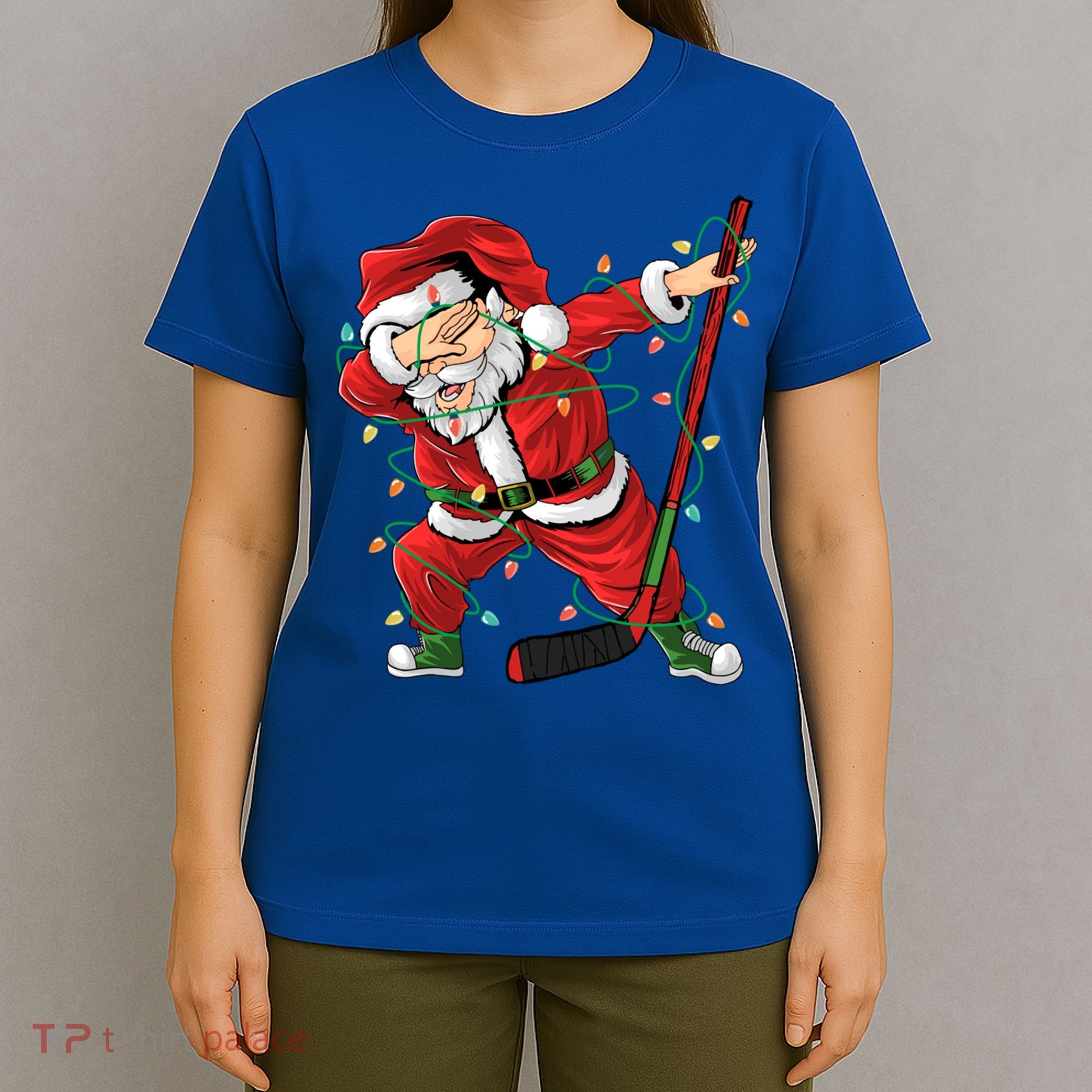 Christmas Ice Hockey Dabbing Santa Lights Xmas Hockey Player Gift T-Shirt