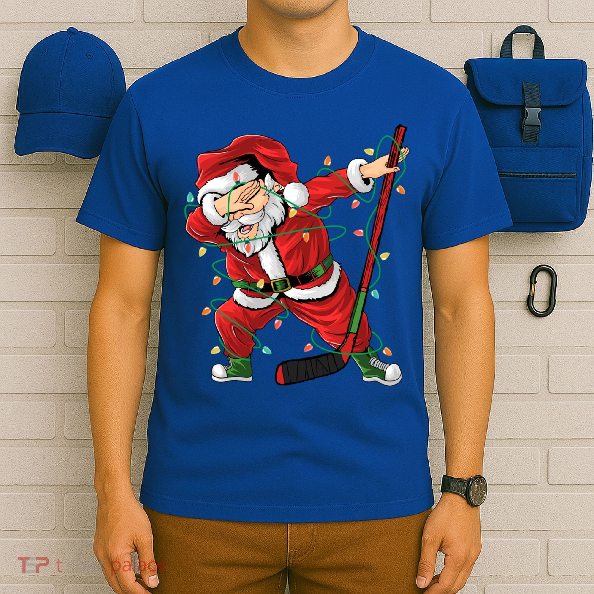 Christmas Ice Hockey Dabbing Santa Lights Xmas Hockey Player Gift T-Shirt