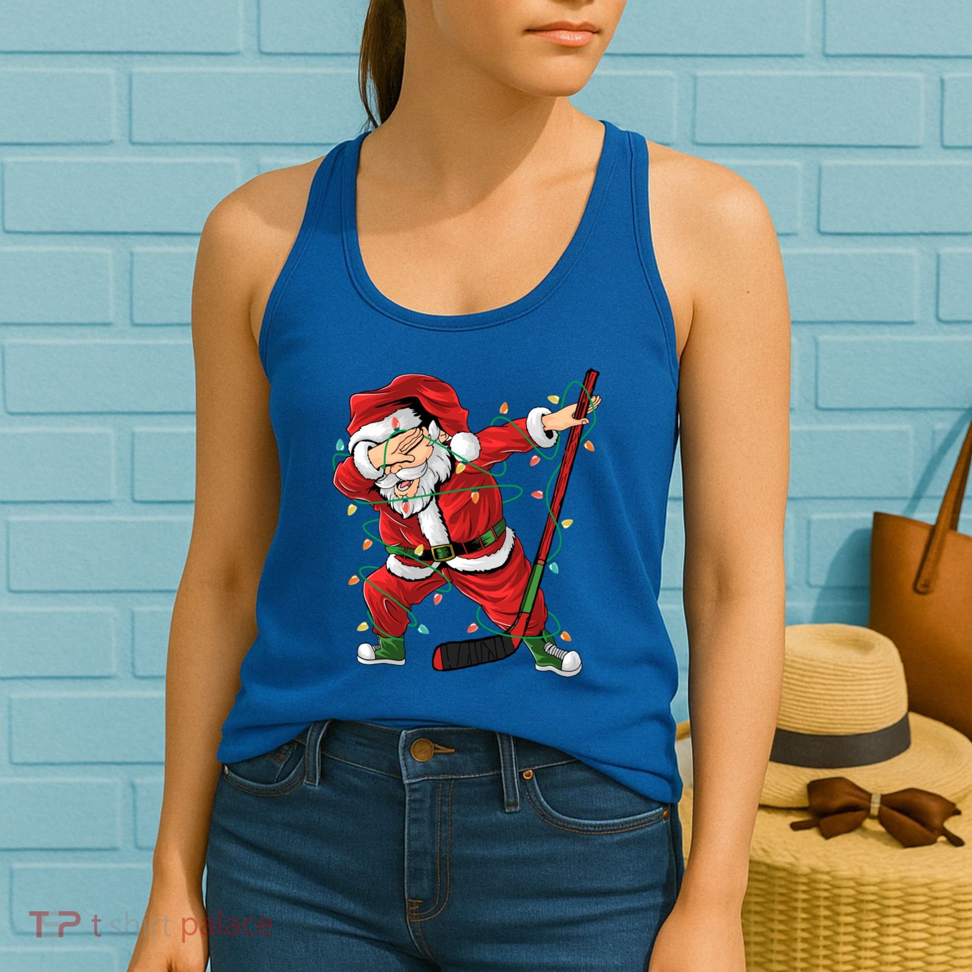 Christmas Ice Hockey Dabbing Santa Lights Xmas Hockey Player Gift Women's Tank Top