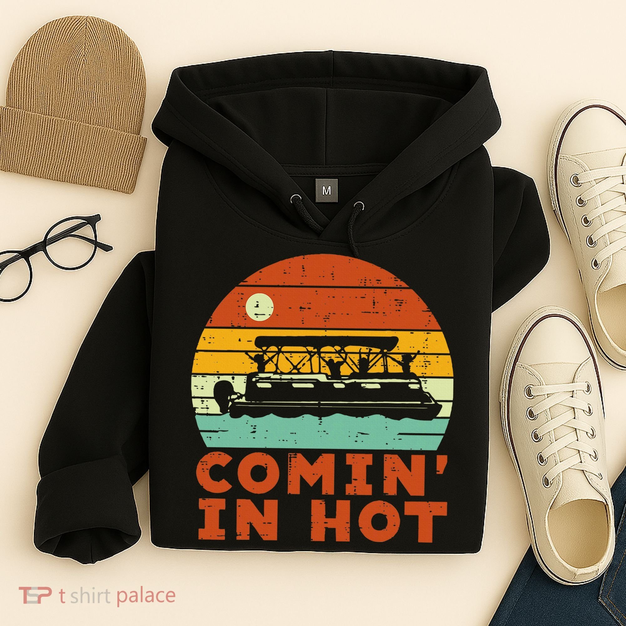Comin In Hot Boat Pontoon Sunset Retro Captain Hoodie