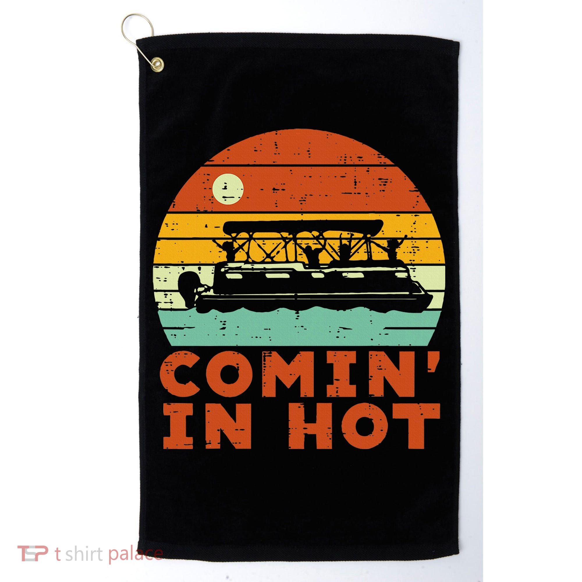 Comin In Hot Boat Pontoon Sunset Retro Captain Golf Towel