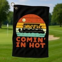 Comin In Hot Boat Pontoon Sunset Retro Captain Golf Towel thumb 1