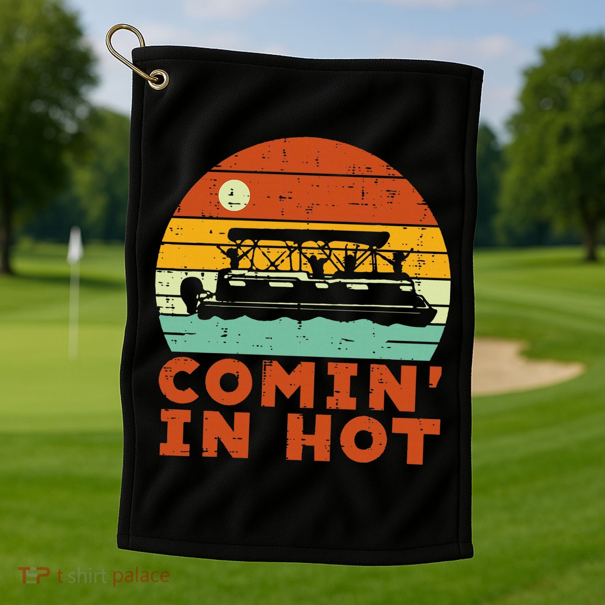 Comin In Hot Boat Pontoon Sunset Retro Captain Golf Towel