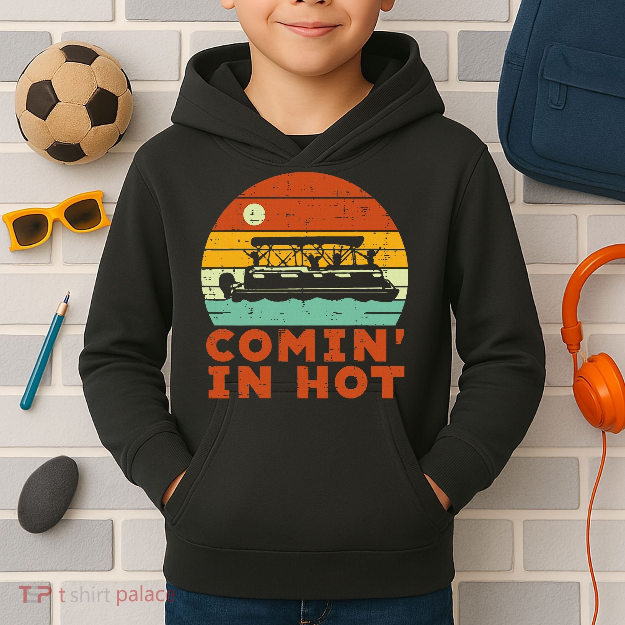 Comin In Hot Boat Pontoon Sunset Retro Captain Kids Hoodie