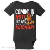 Comin' In Hot! Try And Ketchup Funny Hot Dog Baby Bodysuit thumb 0