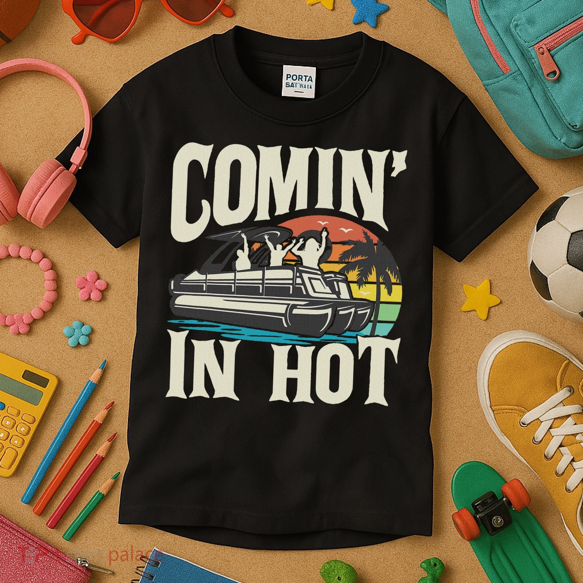 Comin In Hot Funny Pontoon Boat Pontooning Party Boat Kids T-Shirt