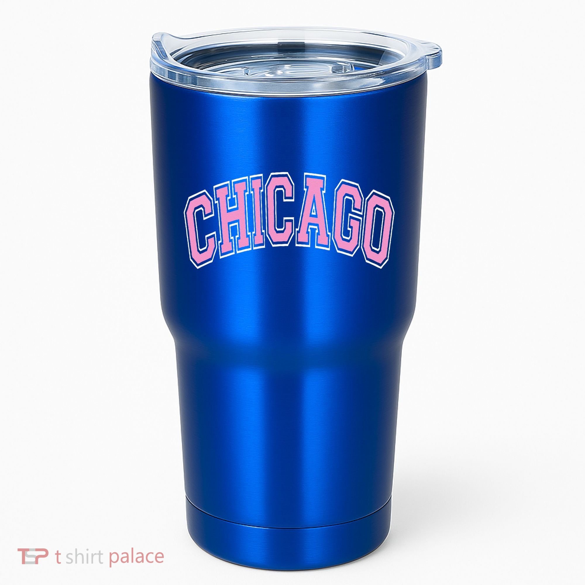 Chicago Illinois IL Varsity Style Pink Text Tumbler