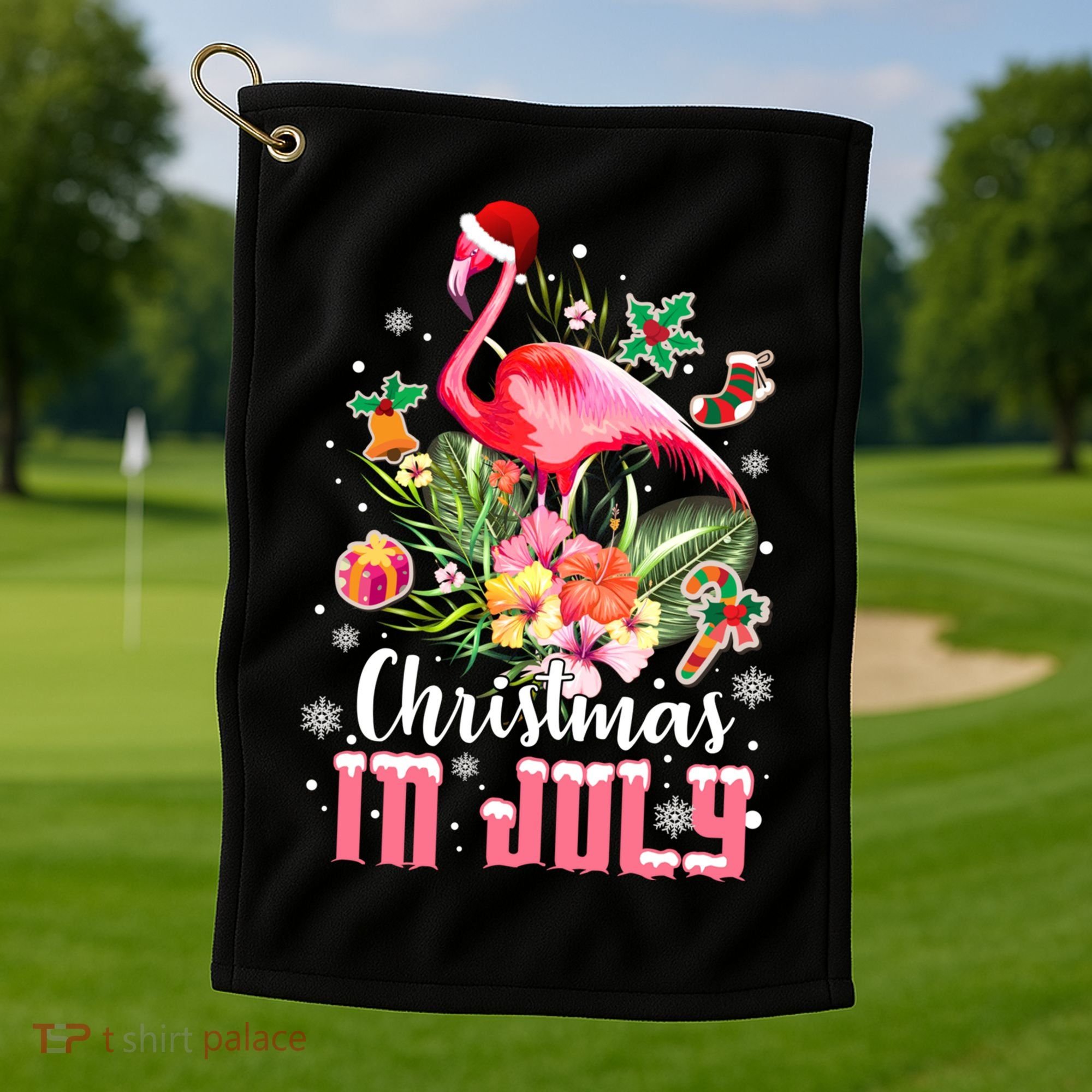 Christmas In July Cool Gift Pink Flamingo Gift Golf Towel