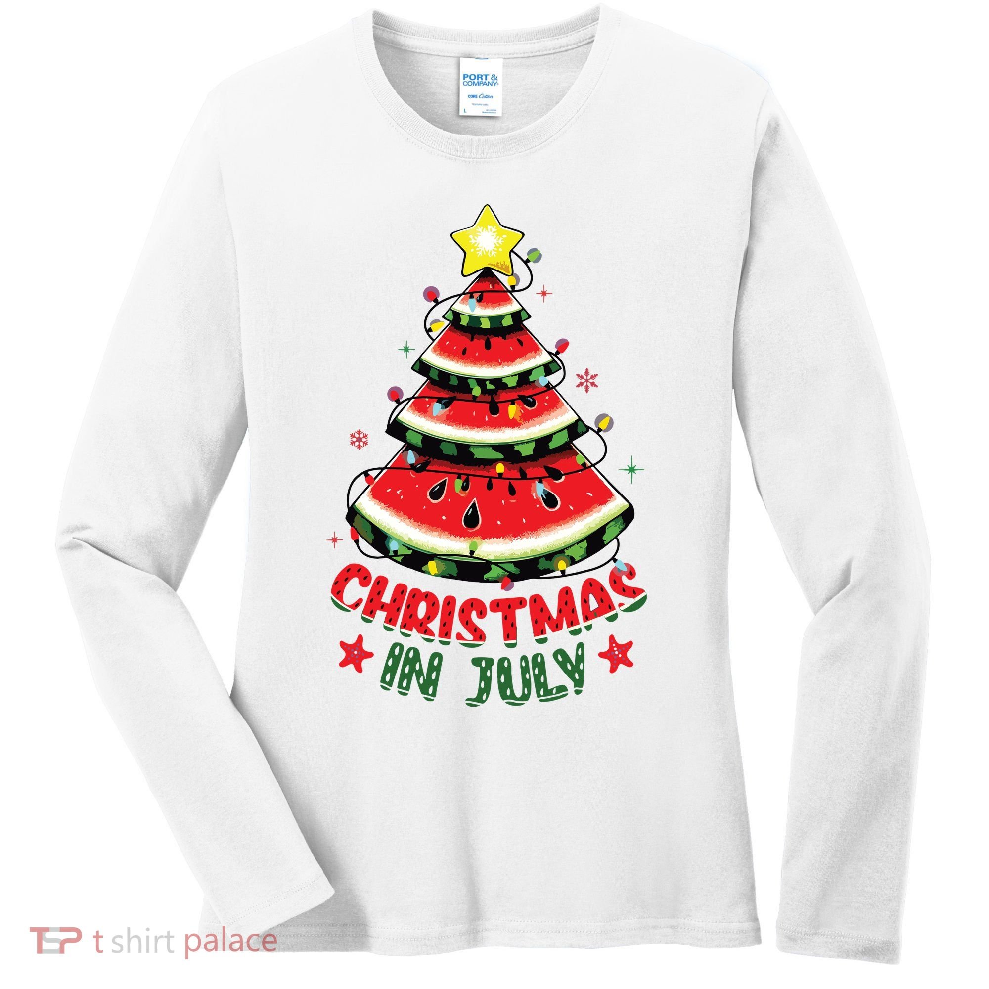 Christmas In July Shirts Watermelon Xmas Tree Women's Long Sleeve Shirt