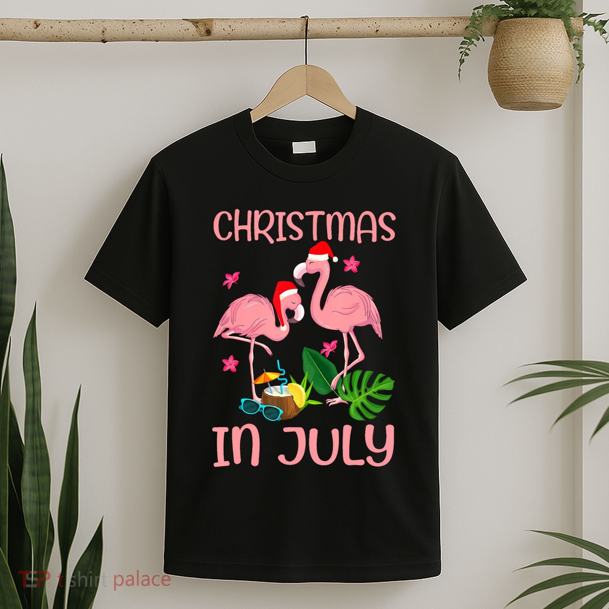 Christmas In July Flamingo Wearing Santa Hat T-Shirt
