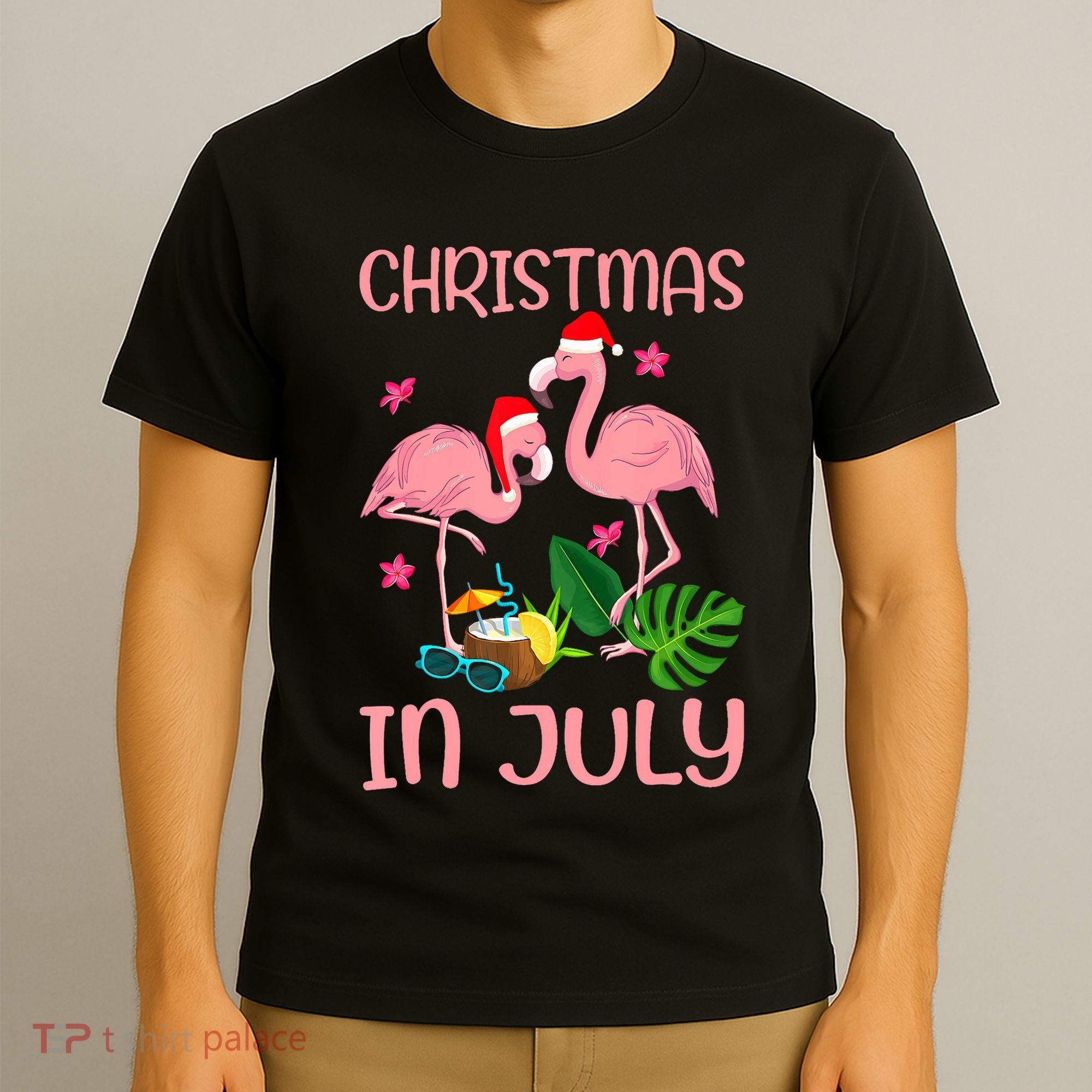 Christmas In July Flamingo Wearing Santa Hat T-Shirt