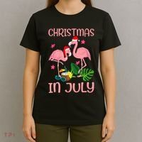 Christmas In July Flamingo Wearing Santa Hat T-Shirt thumb 4