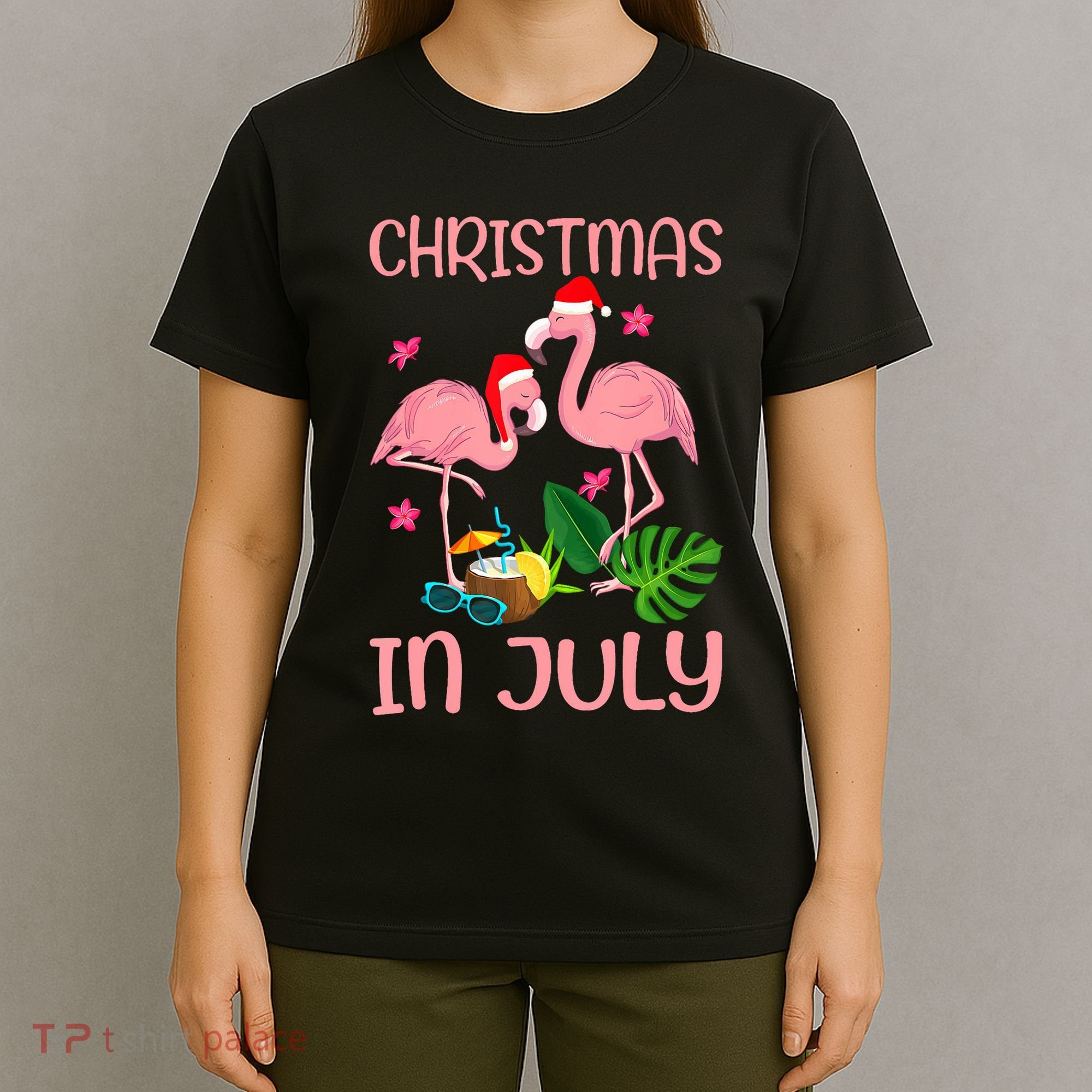 Christmas In July Flamingo Wearing Santa Hat T-Shirt