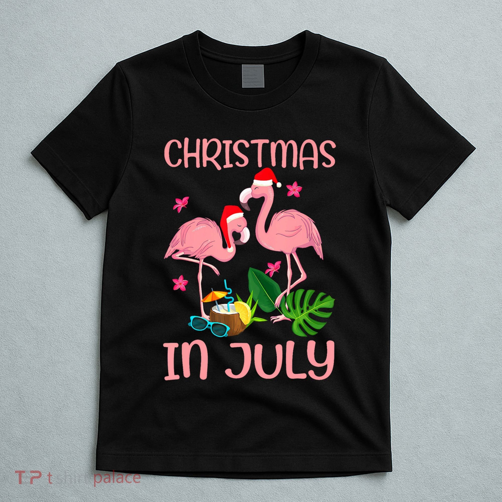 Christmas In July Flamingo Wearing Santa Hat T-Shirt