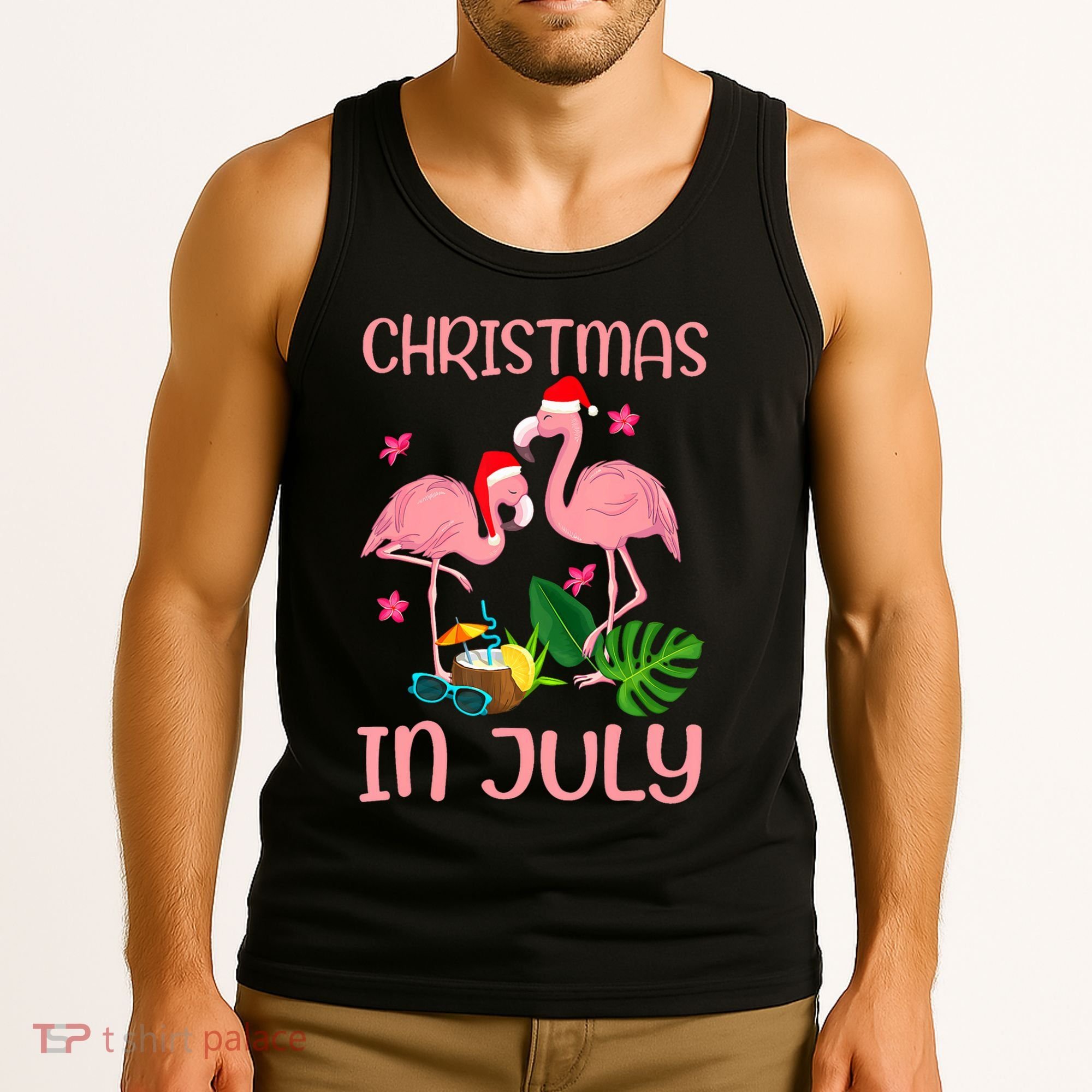 Christmas In July Flamingo Wearing Santa Hat Tank Top