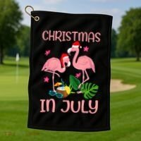 Christmas In July Flamingo Wearing Santa Hat Golf Towel thumb 1