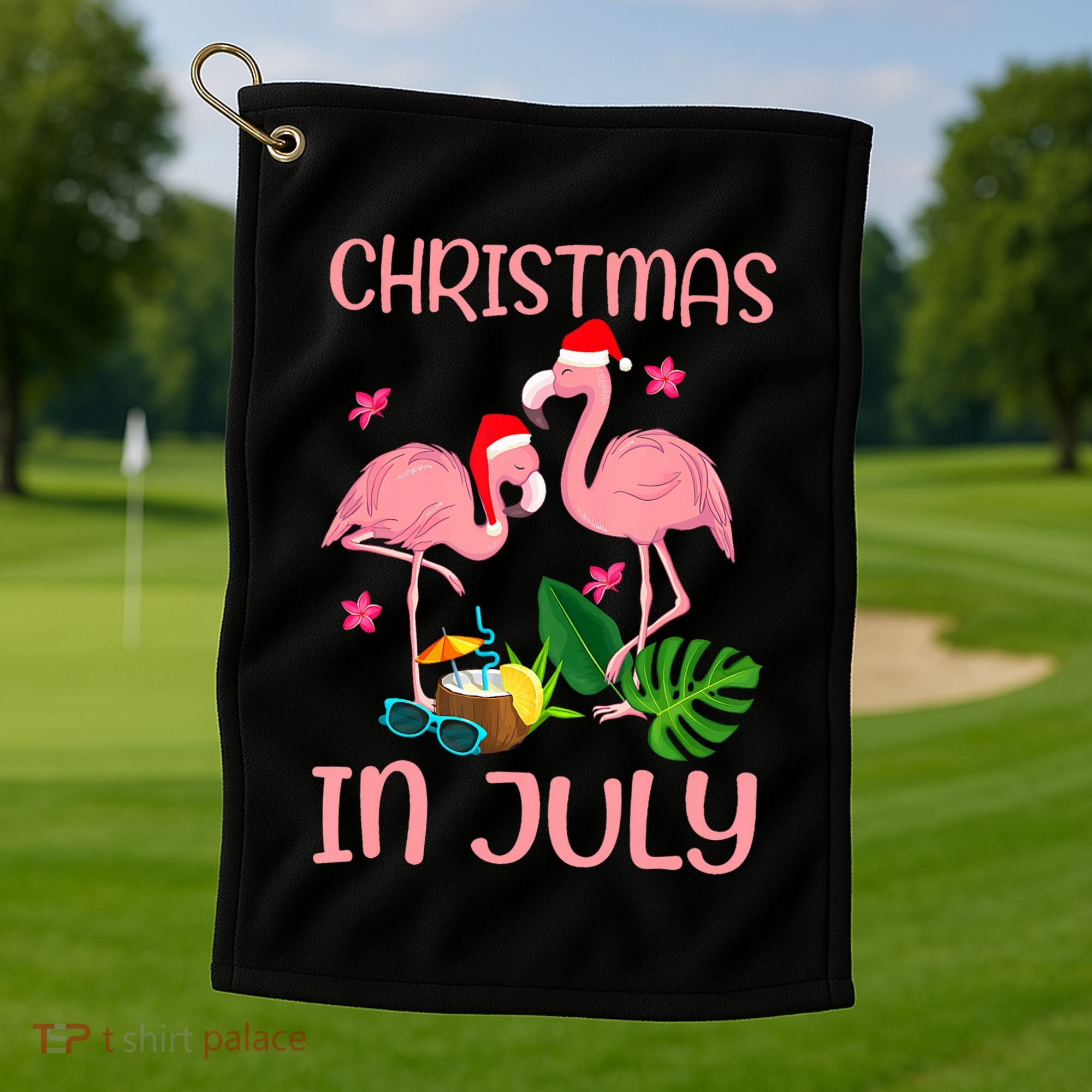 Christmas In July Flamingo Wearing Santa Hat Golf Towel