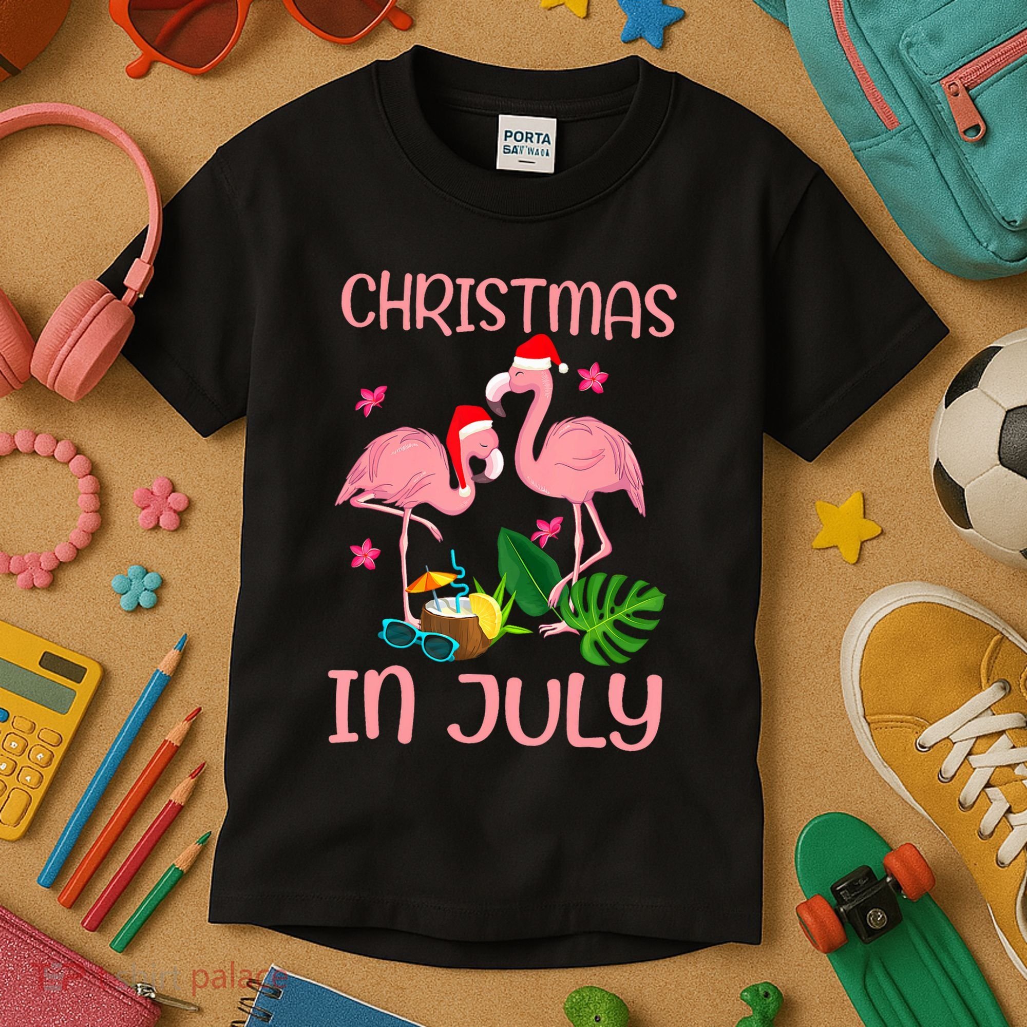 Christmas In July Flamingo Wearing Santa Hat Kids T-Shirt
