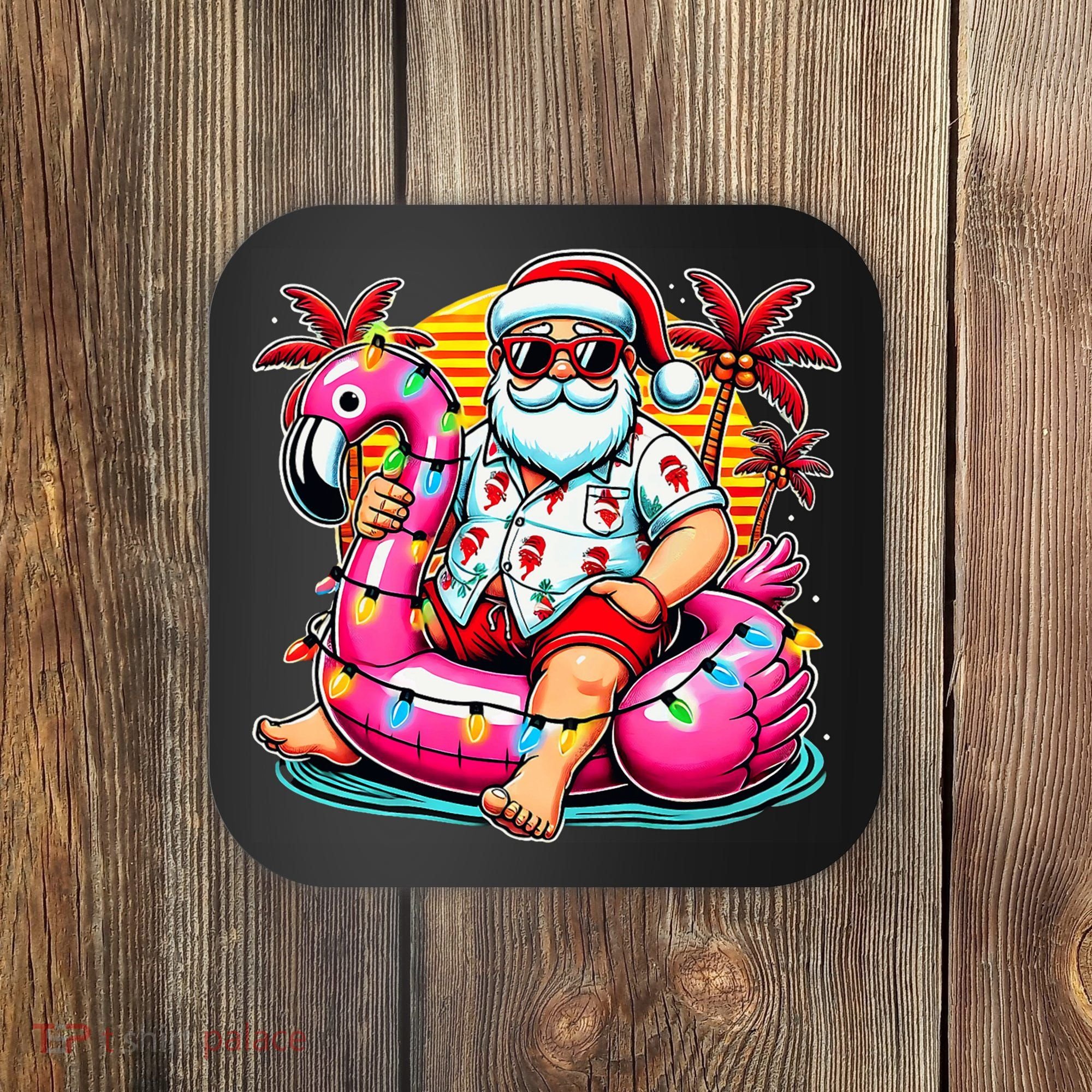 Christmas In July Santa Flamingo Float Summer Xmas Coaster