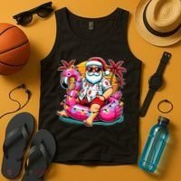 Christmas In July Santa Flamingo Float Summer Xmas Tank Top thumb 4